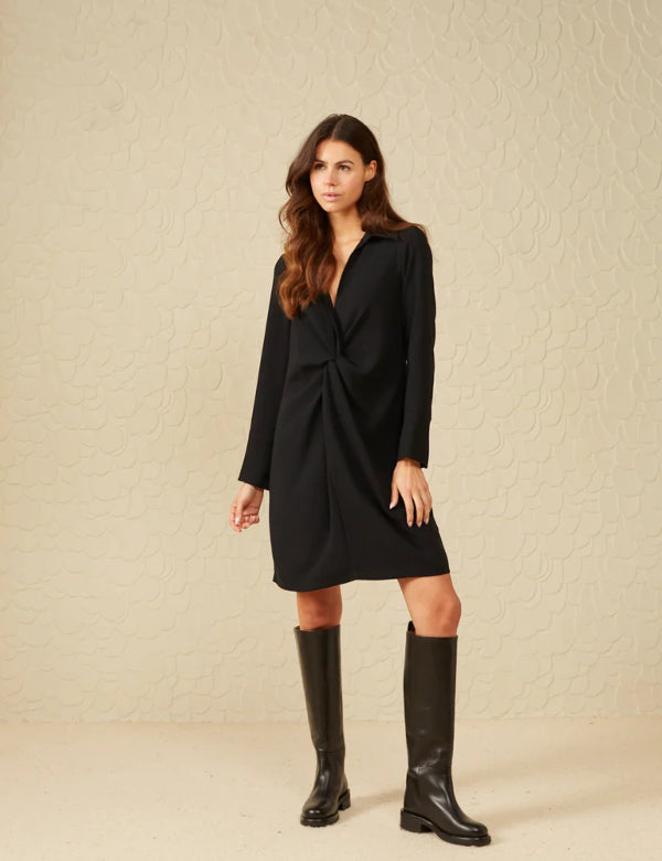 Woven dress with long sleeves, a V-neck and knotted detail - Black